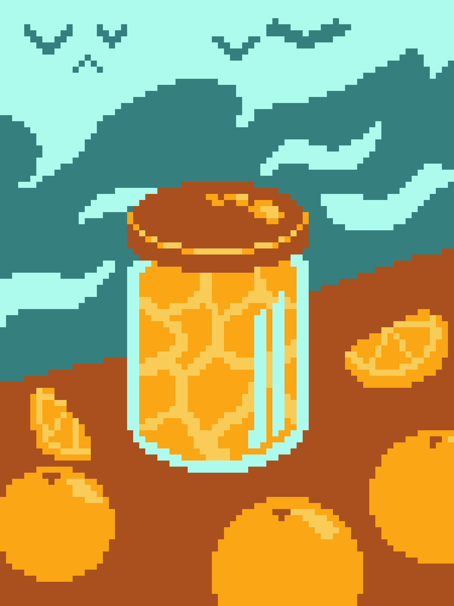 A pixel art image shows a large, glowing orange potion bottle with a brown cap, surrounded by scattered golden coins on a…
