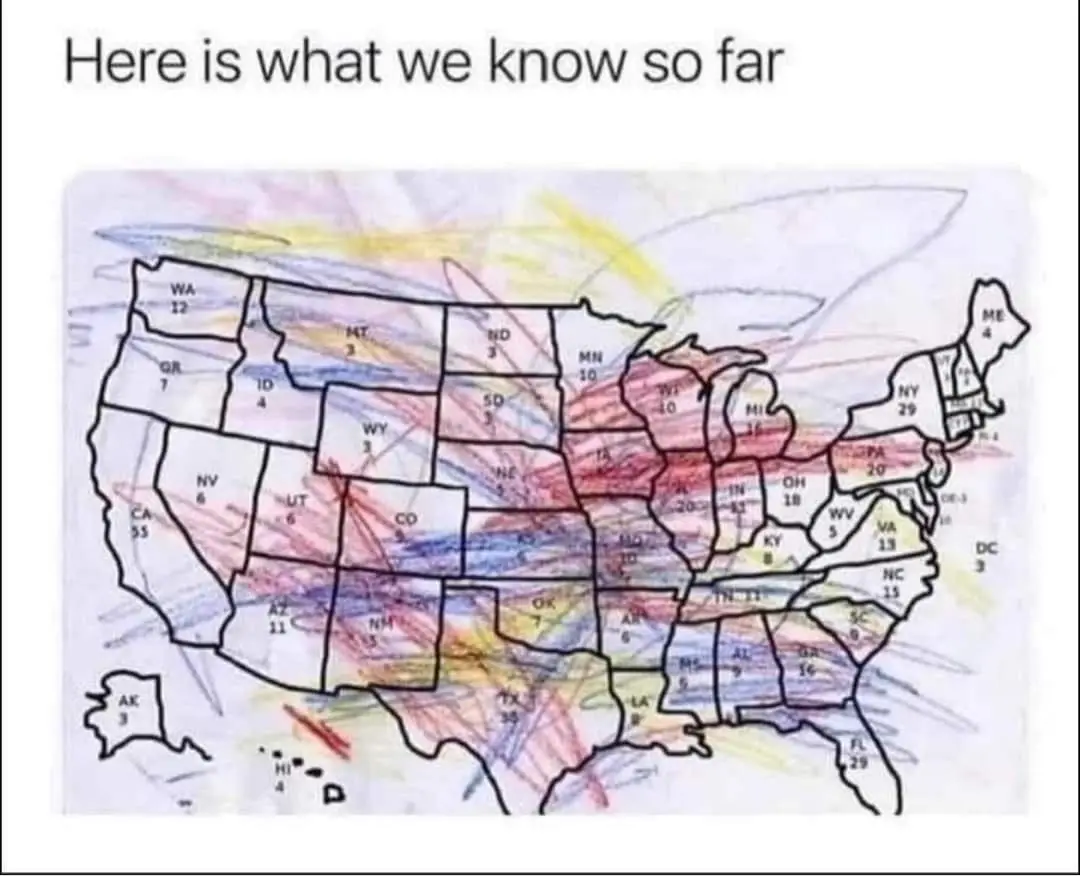 A hand-drawn, childlike map of the United States with each state labeled by its two-letter abbreviation and a number…