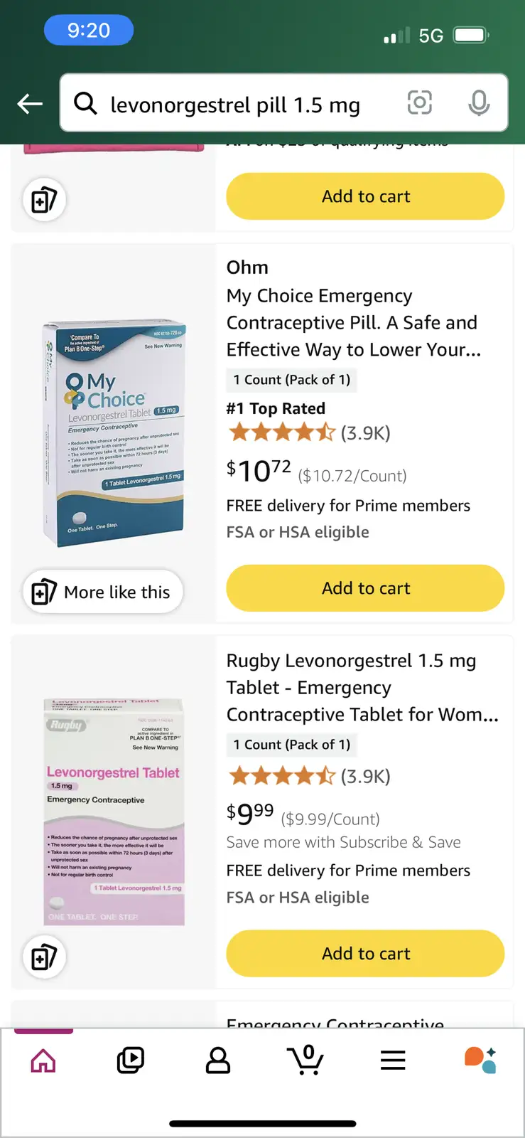 A screenshot of an online shopping app showing two emergency contraceptive pill products, 'Ohm My Choice' priced at $10.72…