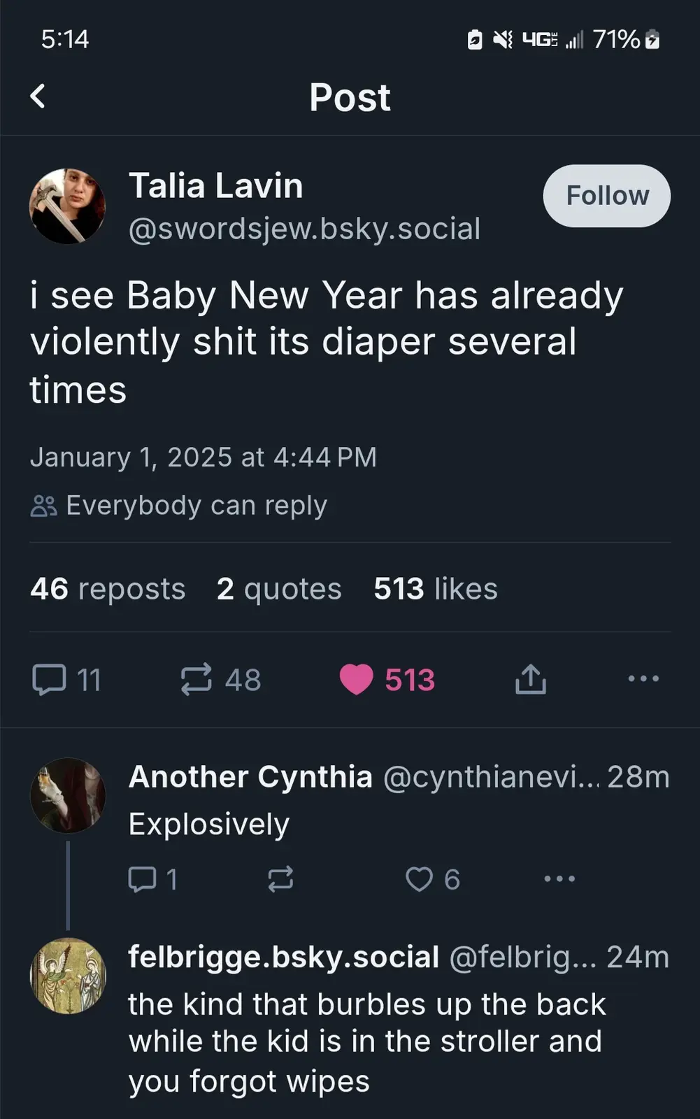 A screenshot of a social media post from Talia Lavin on January 1, 2025, humorously stating 'i see Baby New Year has already…