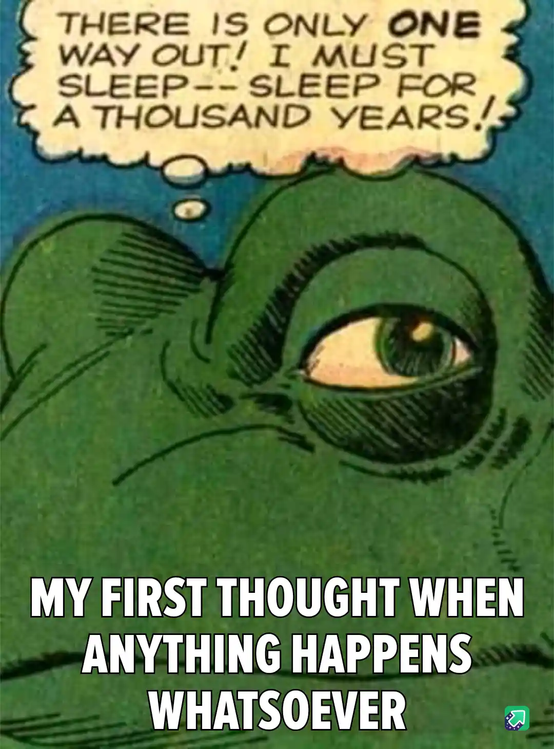 A close-up comic panel shows a green-skinned character with one visible eye, looking determined. A thought bubble above…