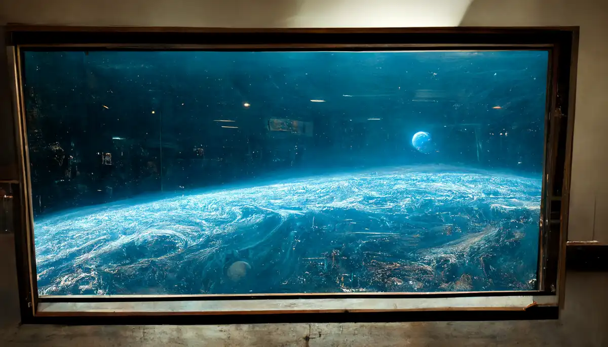 A large, framed window or screen displays a view of Earth from space, with swirling blue clouds and a distant planet…