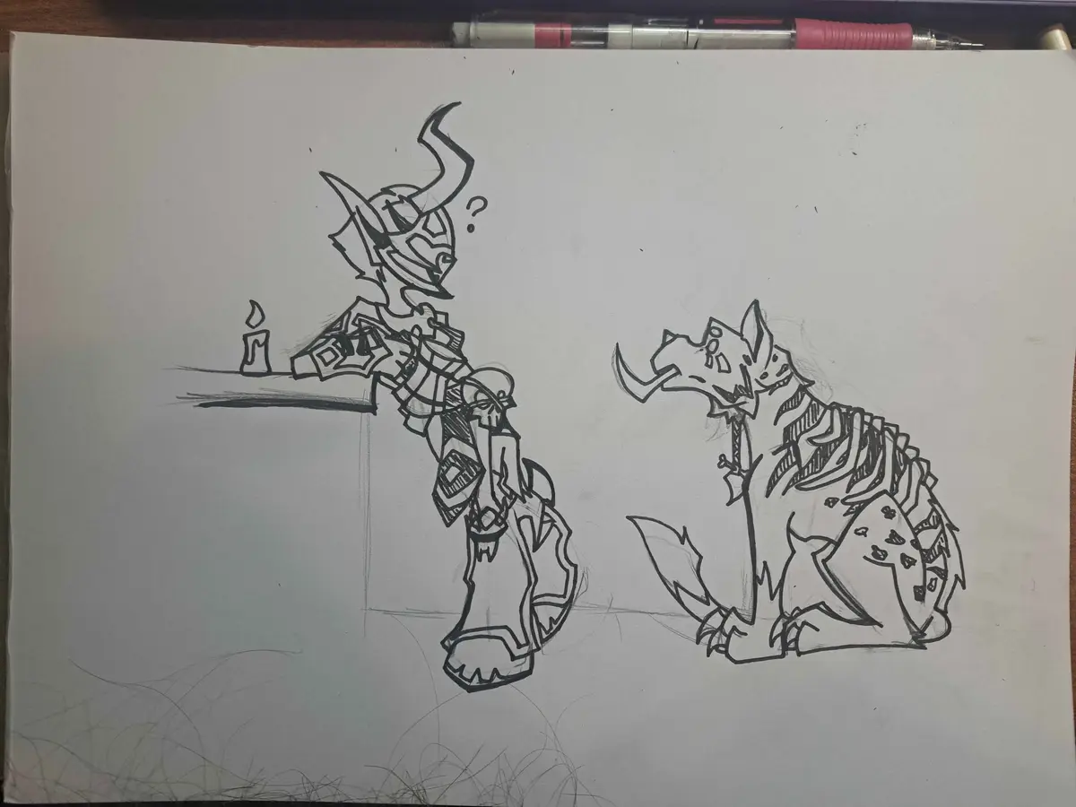 A hand-drawn black-and-white sketch shows two fantasy characters: a heavily armored, horned figure on the left holding a…