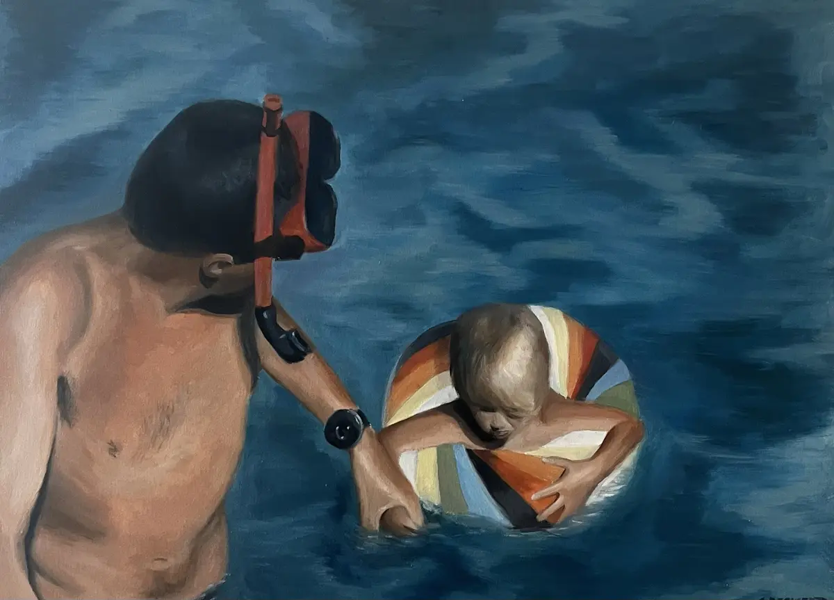 A painting depicts an adult male wearing a snorkel and mask, holding a young child who is in a colorful striped inflatable…