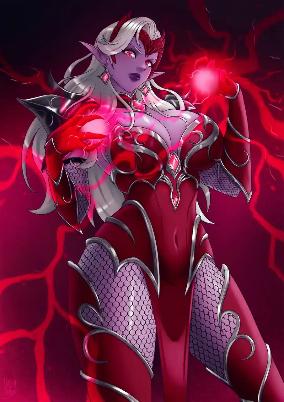 A stylized anime-style female character with purple skin, red eyes, and silver-white hair with red horns, wearing ornate red…