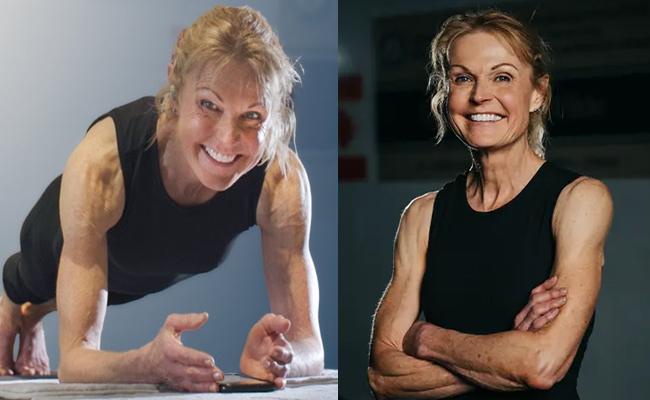 The image is split into two panels showing the same woman in a black tank top. On the left, she is in a plank pose, smiling…