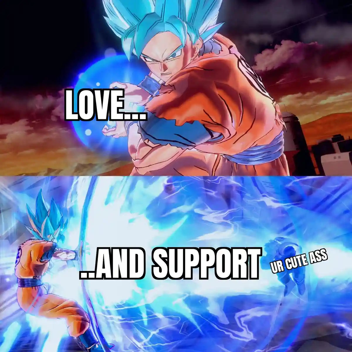 The image is split into two panels featuring the anime character Goku in his Super Saiyan Blue form. In the top panel, he is…