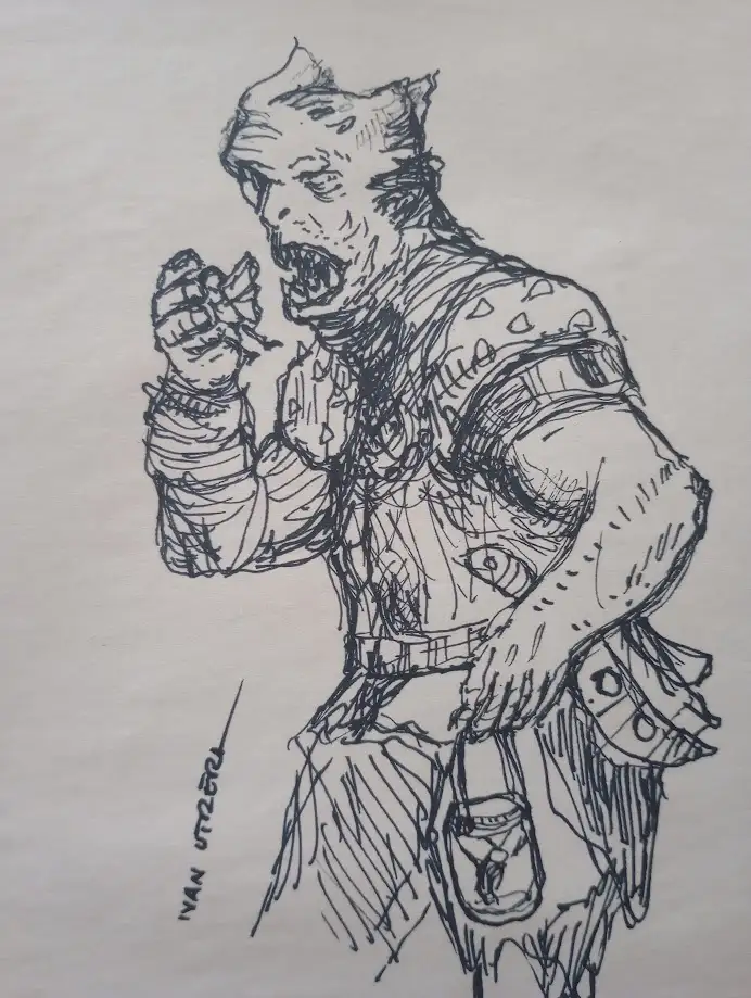 A black-and-white sketch depicts a grotesque, monstrous-looking humanoid figure with exaggerated facial features, sharp…