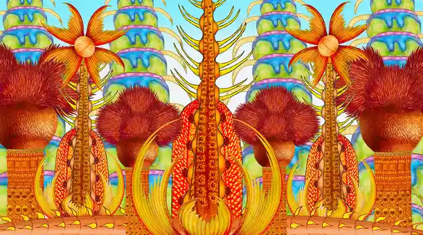 A vibrant, surreal illustration depicts a repeating pattern of fantastical, stylized trees with ornate, colorful trunks and…