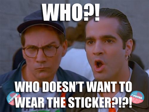 Two men from the movie 'The Birdcage' are shown, one with a skeptical expression and the other with a shocked, open-mouthed…