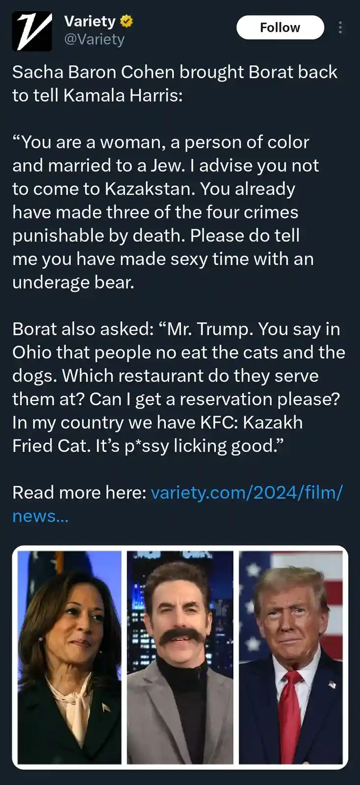 The image displays a tweet from Variety featuring three photos: Kamala Harris, Sacha Baron Cohen as Borat, and Donald Trump…