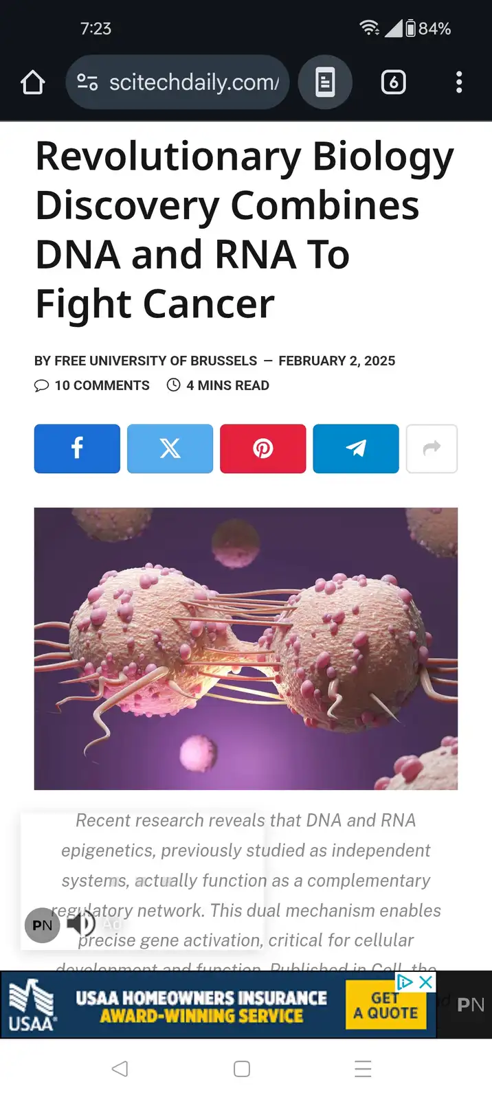 A screenshot of a science article from scitechdaily.com with a headline about a 'Revolutionary Biology Discovery Combines…