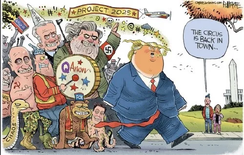 A cartoon depicts a caricature of Donald Trump walking confidently toward the Washington Monument, flanked by a chaotic…