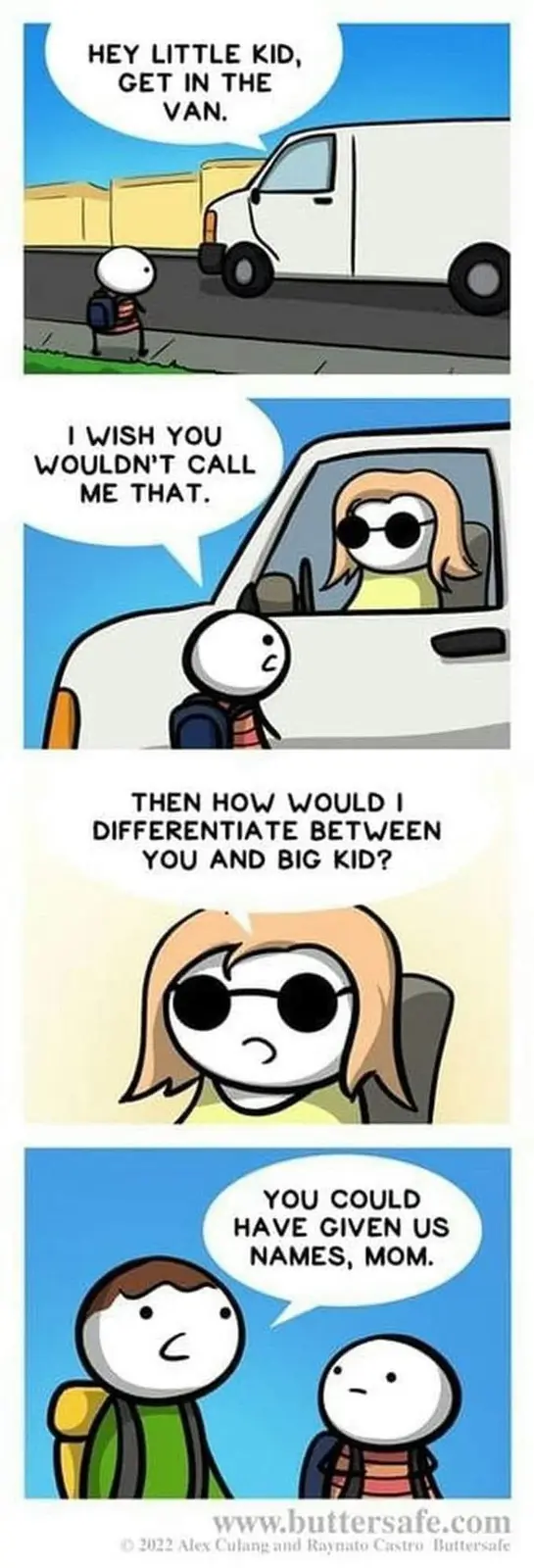 A four-panel comic strip shows a child being told to get in a van by a woman in the driver's seat. The child protests…