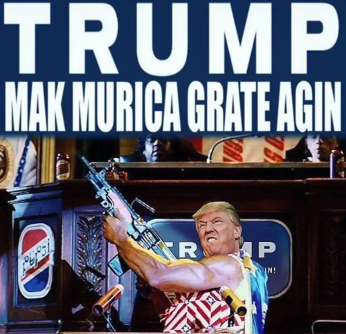 A digitally altered image shows Donald Trump at a podium, wearing a patriotic shirt and holding an assault rifle aloft. The…