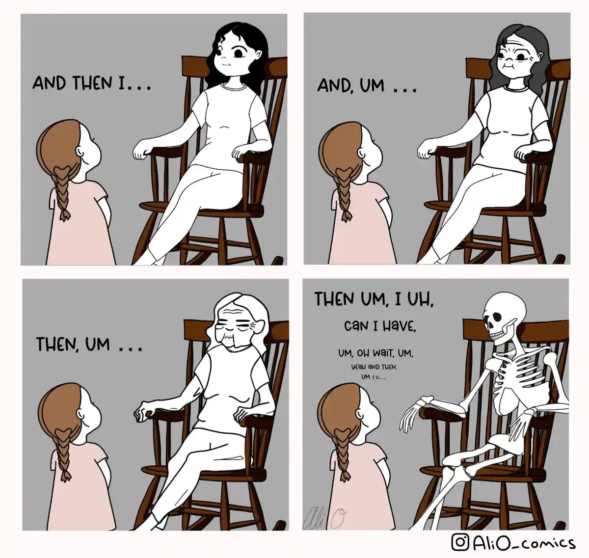 A four-panel comic shows a young girl listening to an adult tell a story. The adult starts confidently, then becomes…