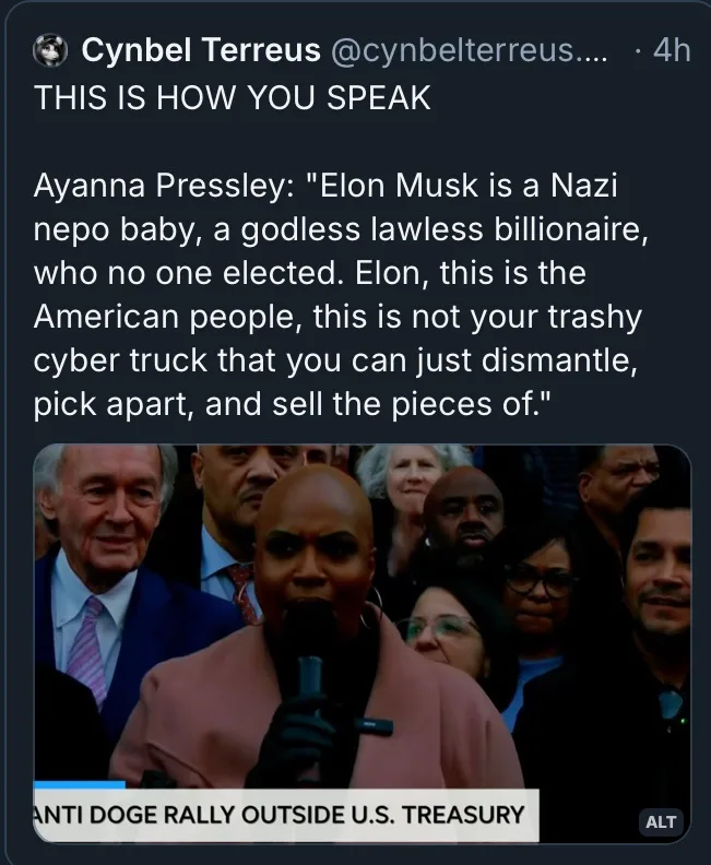 A screenshot of a tweet by Cynbel Terreus showing a video clip of Ayanna Pressley speaking at an 'ANTI DOGE RALLY OUTSIDE…