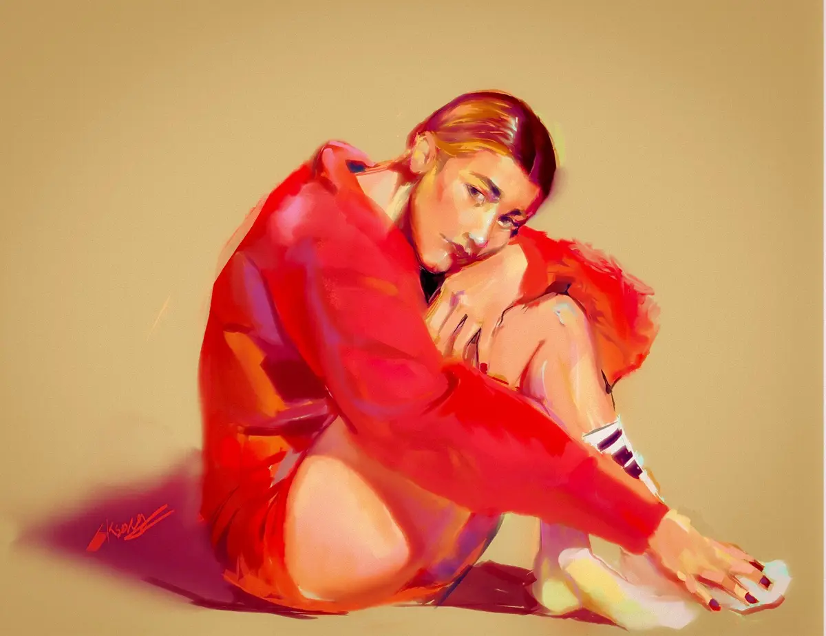 A stylized digital painting shows a person sitting on the floor in a red hoodie, head resting on their knee, looking down…