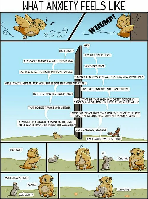 A comic strip shows a small bird character struggling with anxiety over a wall blocking its path. The bird repeatedly tries…