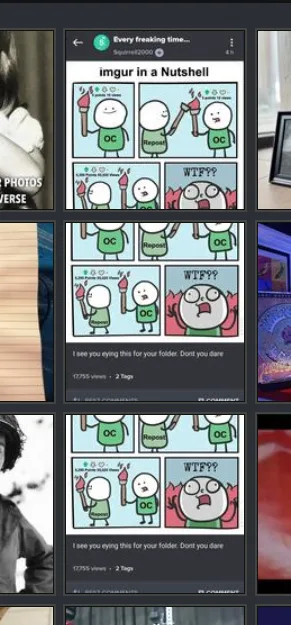 A screenshot of an Imgur gallery page titled 'Every freaking time...' shows a comic strip with two stick figures. One figure…