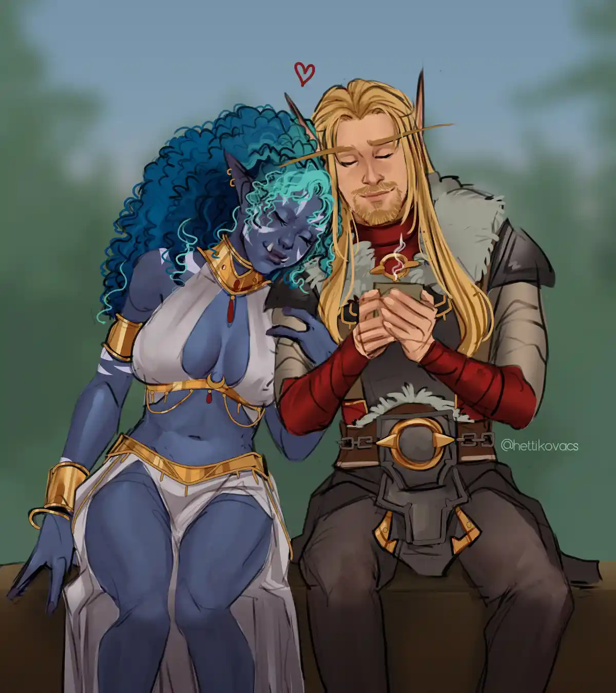 A blue-skinned, curly-haired female elf with fangs rests her head on the shoulder of a blonde male elf who is looking down…