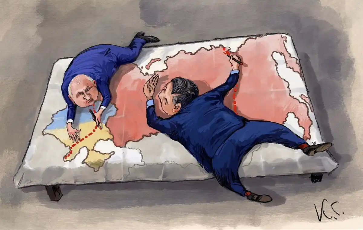 Two men in blue suits lie on a large map of Eastern Europe, drawing red dotted lines with pens. One man, resembling Vladimir…