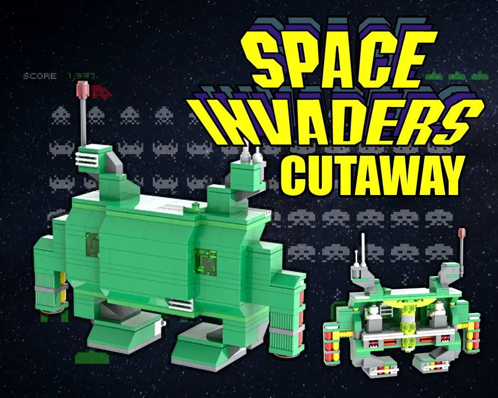 A 3D LEGO-style cutaway model of the Space Invaders alien spaceship, showing its internal components, set against a starry…