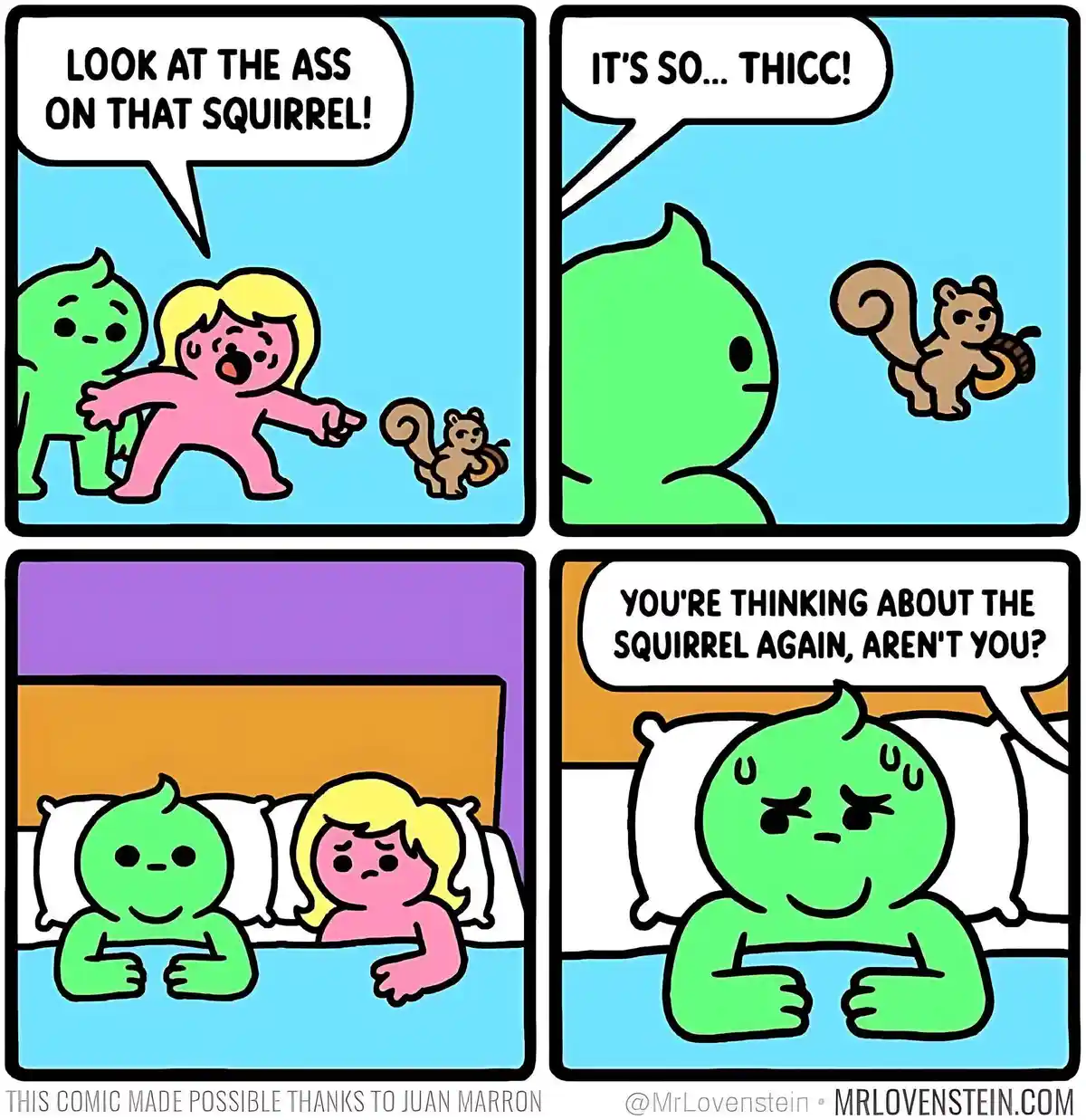A four-panel comic shows a pink-haired person pointing at a squirrel and exclaiming about its 'thicc' ass, while a green…