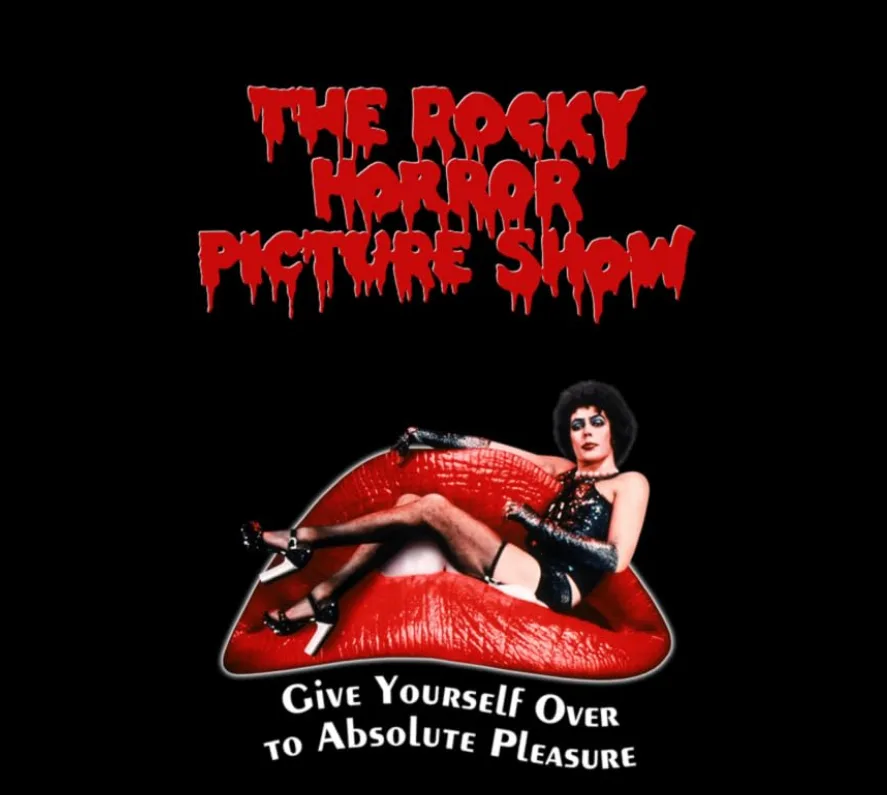 The iconic promotional poster for 'The Rocky Horror Picture Show' features a person in a black sequined outfit and high…