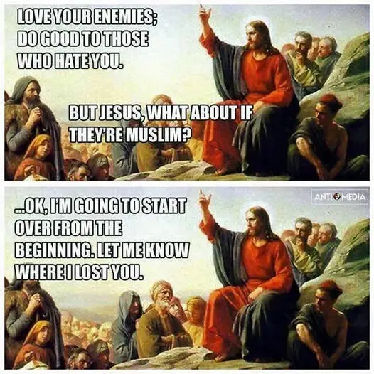 The image is a two-panel meme using the same classical painting of Jesus teaching a crowd. In the top panel, text overlaid…