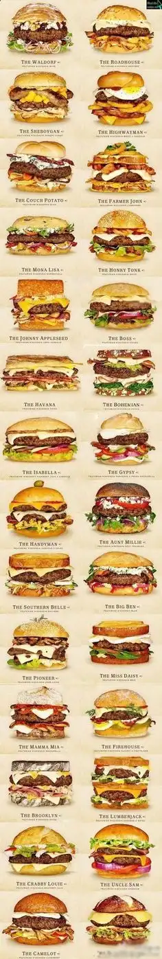 A vertical grid of 24 highly stacked, visually extravagant gourmet burgers, each labeled with a unique, often whimsical name…