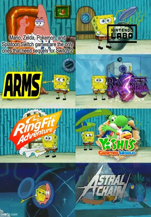 A six-panel meme featuring SpongeBob SquarePants in various scenes, each paired with a Nintendo Switch game logo. The…