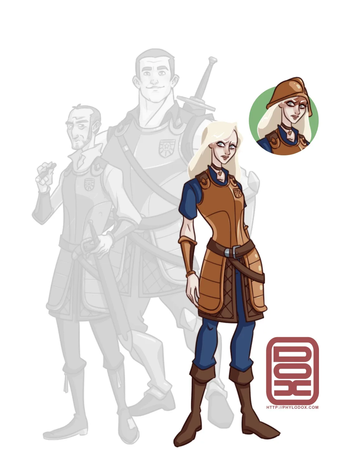 A full-color illustration of a female fantasy warrior with blonde hair, brown armor, and blue pants stands prominently…