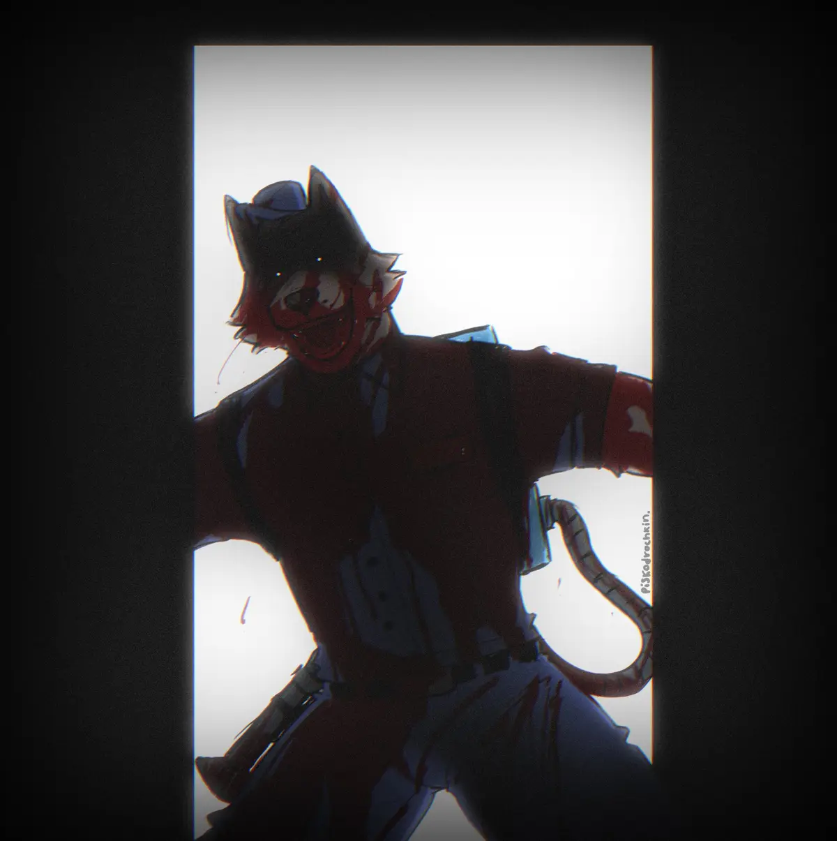 An anime-style anthropomorphic fox in a red and blue uniform with a hat, standing in a doorway with a bright background…