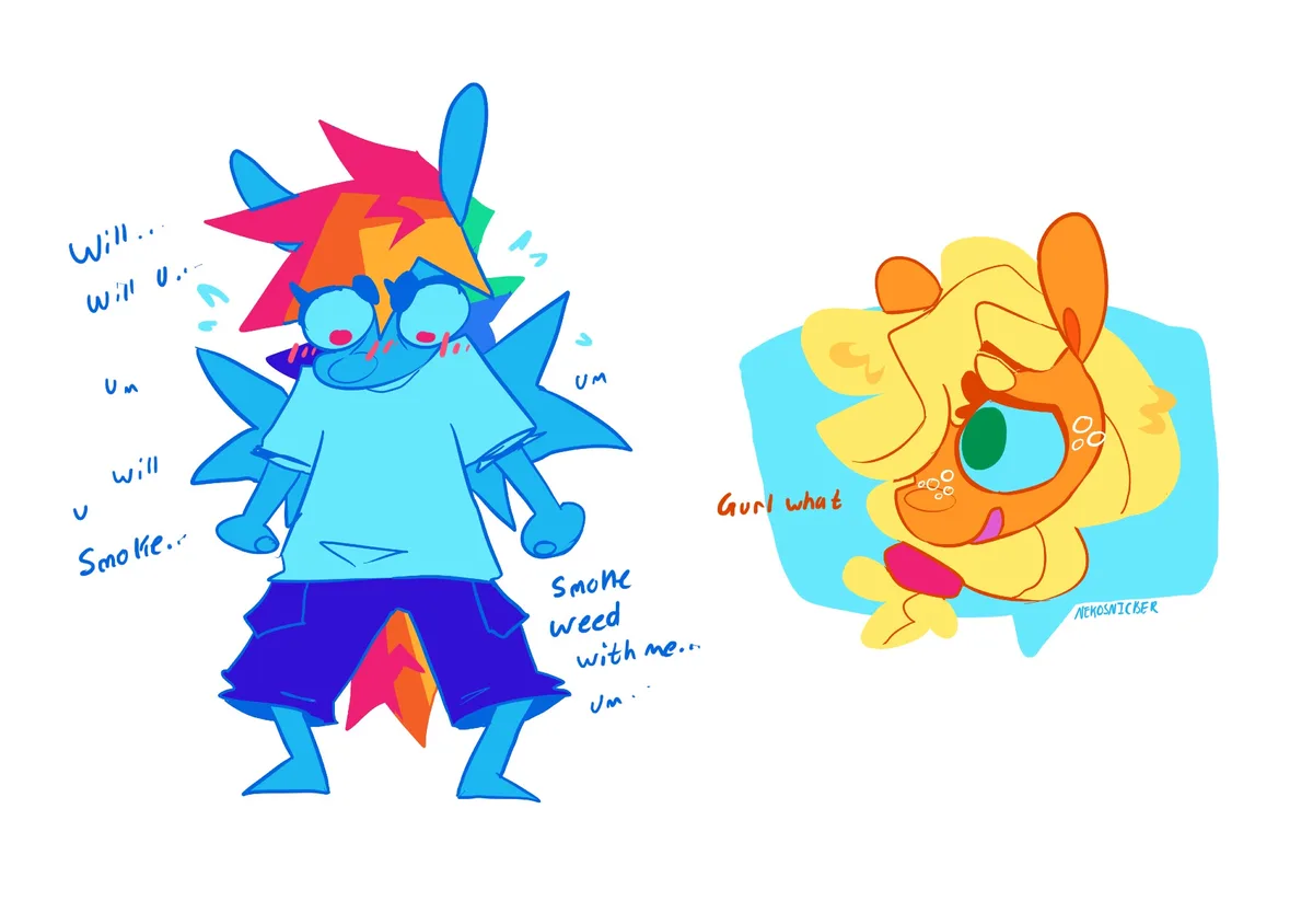 A blue, spiky-haired cartoon character nervously stammers while asking a yellow, lion-like character to smoke weed with him…