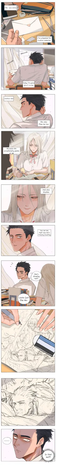 A manga-style comic strip shows a male student preparing and delivering a love letter to a female classmate. He interprets…