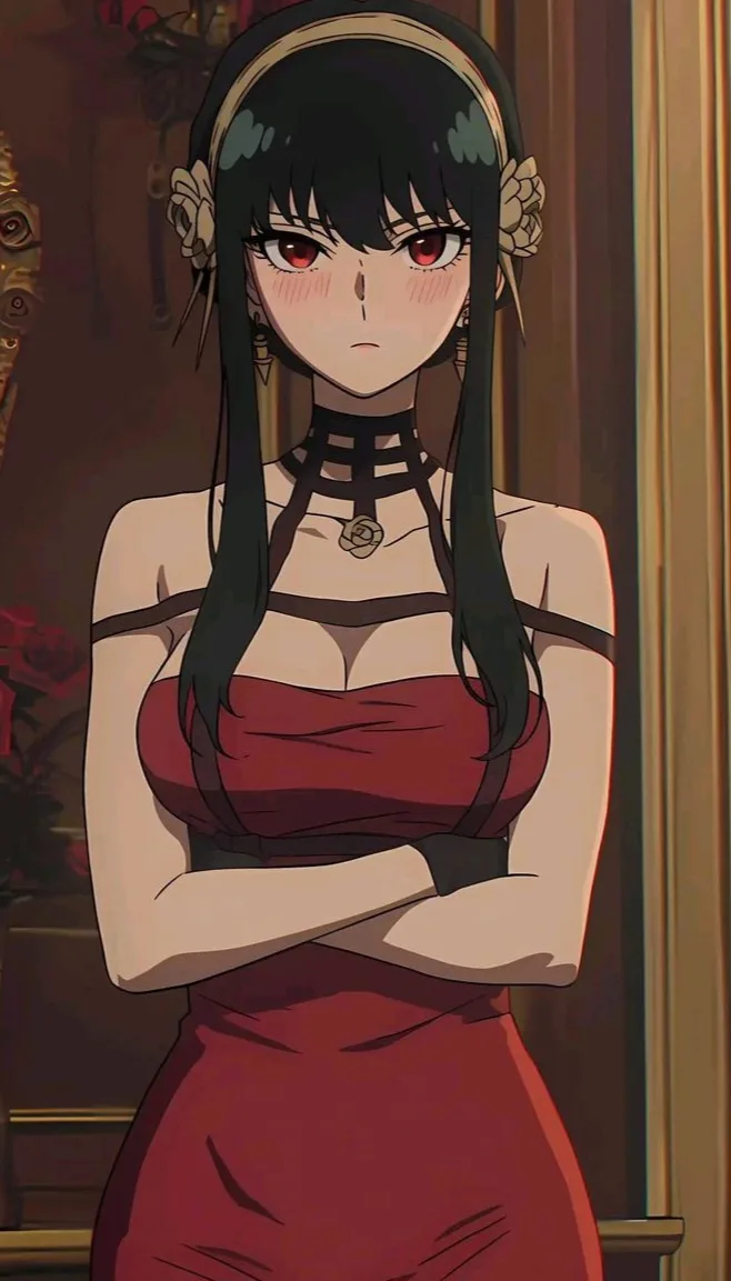 An anime-style woman with black hair, red eyes, and a red dress stands with her arms crossed in a room with ornate golden…