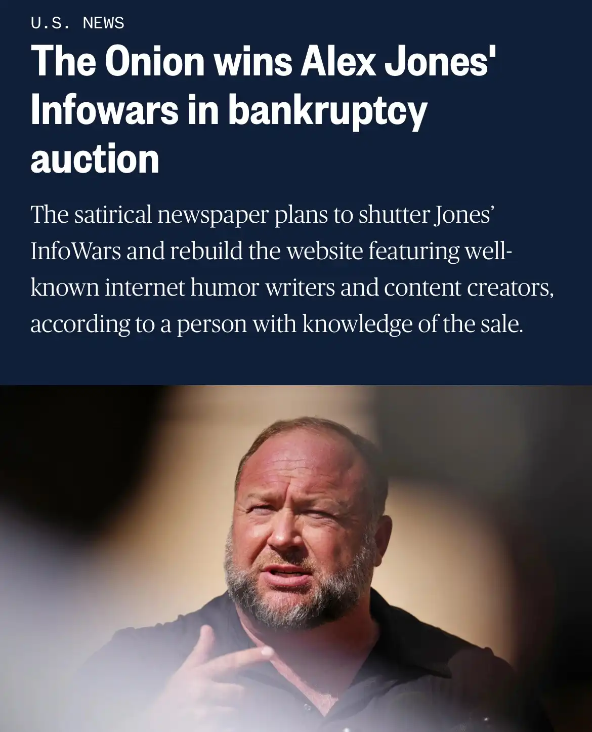 The image displays a mock news article from 'U.S. NEWS' with the headline 'The Onion wins Alex Jones' Infowars in bankruptcy…