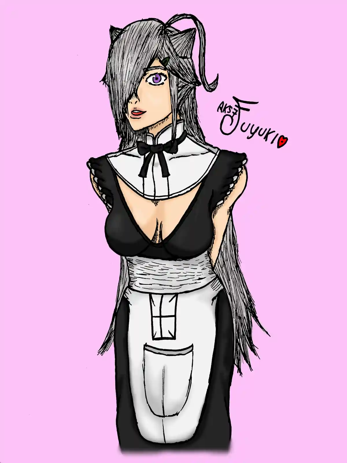 A digital drawing of an anime-style female character with grey hair, cat ears, and purple eyes, wearing a black and white…