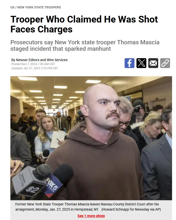 A news article screenshot shows a bald man with a mustache in a brown hoodie surrounded by reporters and microphones. The…