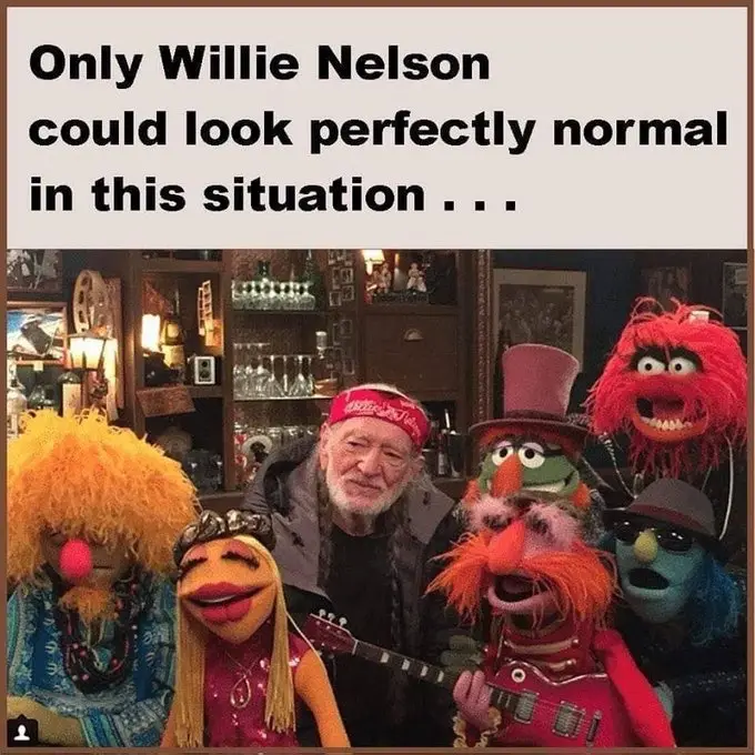 A photograph shows country singer Willie Nelson standing calmly among several colorful, furry Muppet characters in a dimly…