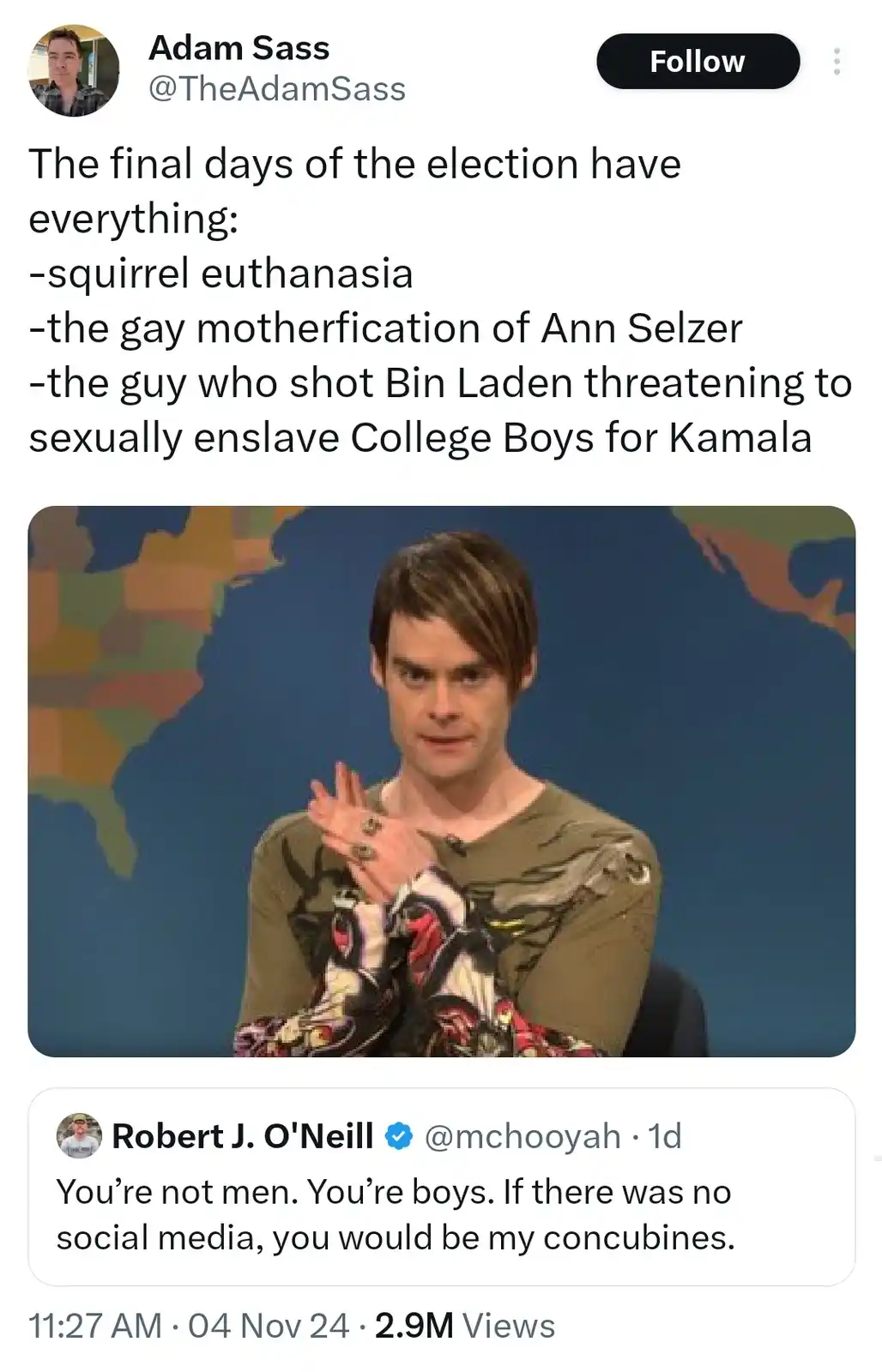 A screenshot of a tweet by Adam Sass listing absurd election-related topics, overlaid on an image of comedian Jim Gaffigan…