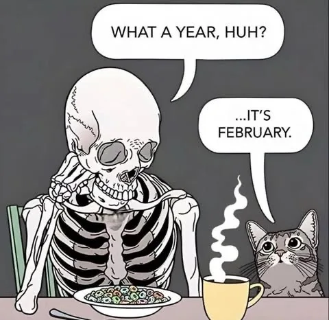 A cartoon skeleton sits at a table eating cereal and sipping coffee, looking exasperated. A cat sits beside the skeleton…
