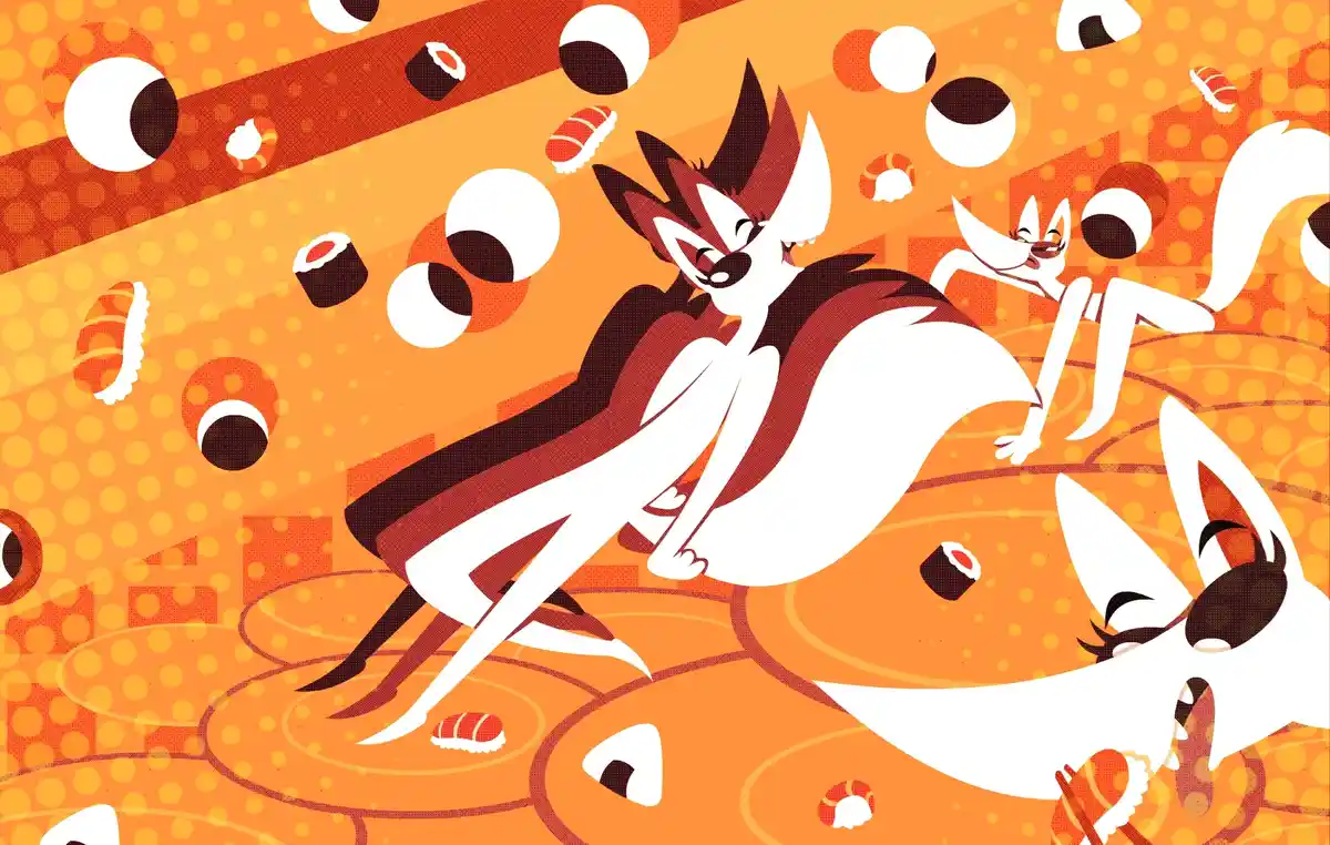 An illustration shows three stylized foxes in an orange, patterned background filled with floating sushi rolls and cartoon…