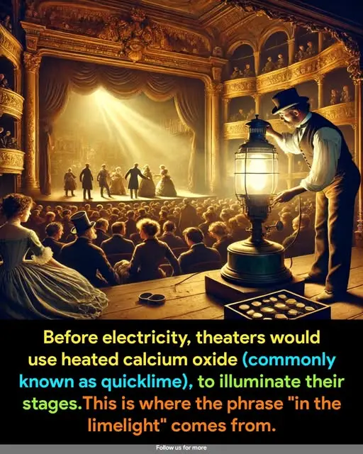 An ornate, vintage theater filled with an audience watching a stage performance under dramatic lighting. A man in period…