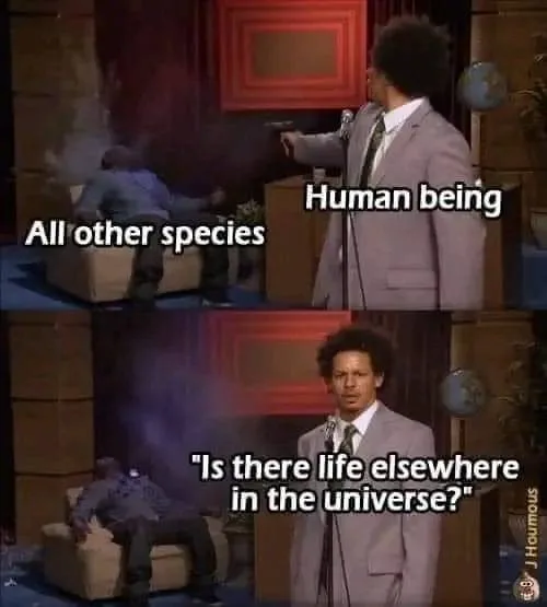 A two-panel meme from a comedy show featuring a man in a suit pointing a gun at another man seated in a chair. In the top…