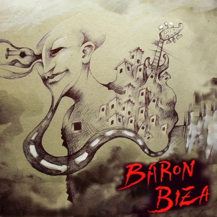 A surreal, sepia-toned sketch depicts a bald, smiling humanoid figure with a guitar-shaped torso covered in miniature…
