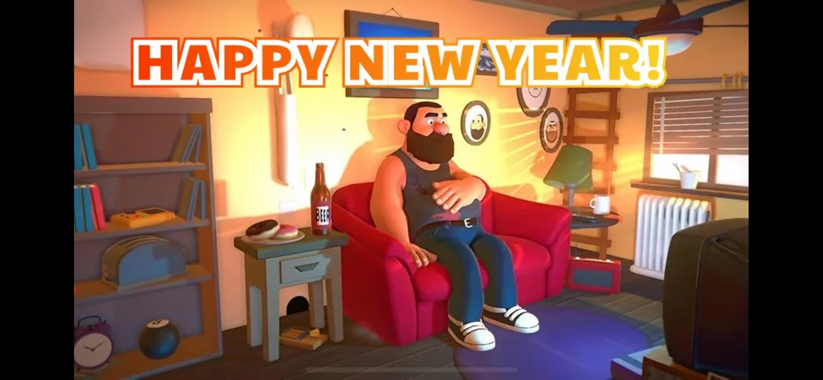 A cartoon man with a beard sits in a red armchair in a warmly lit living room, looking surprised or startled. Beside him on…