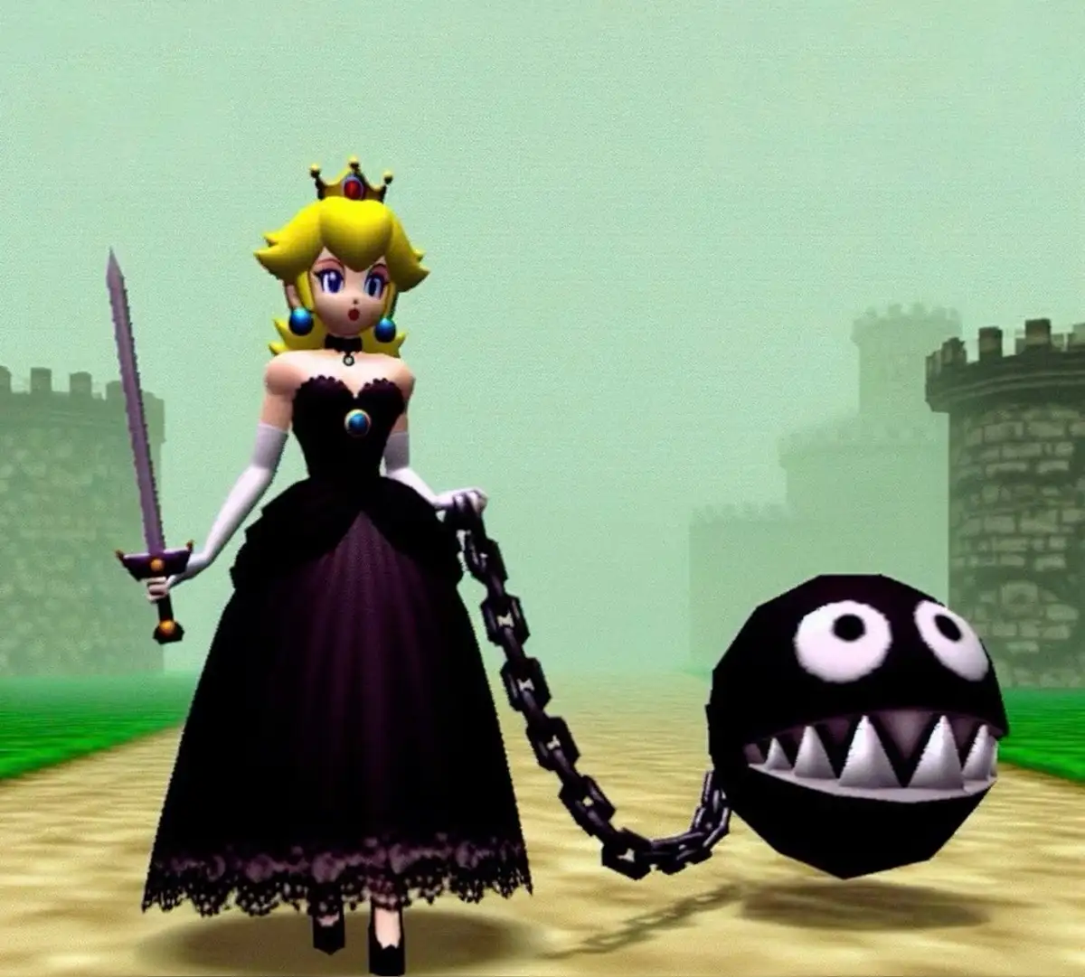 A character resembling Princess Peach from Mario games is depicted in a dark, gothic-style black dress with lace trim…