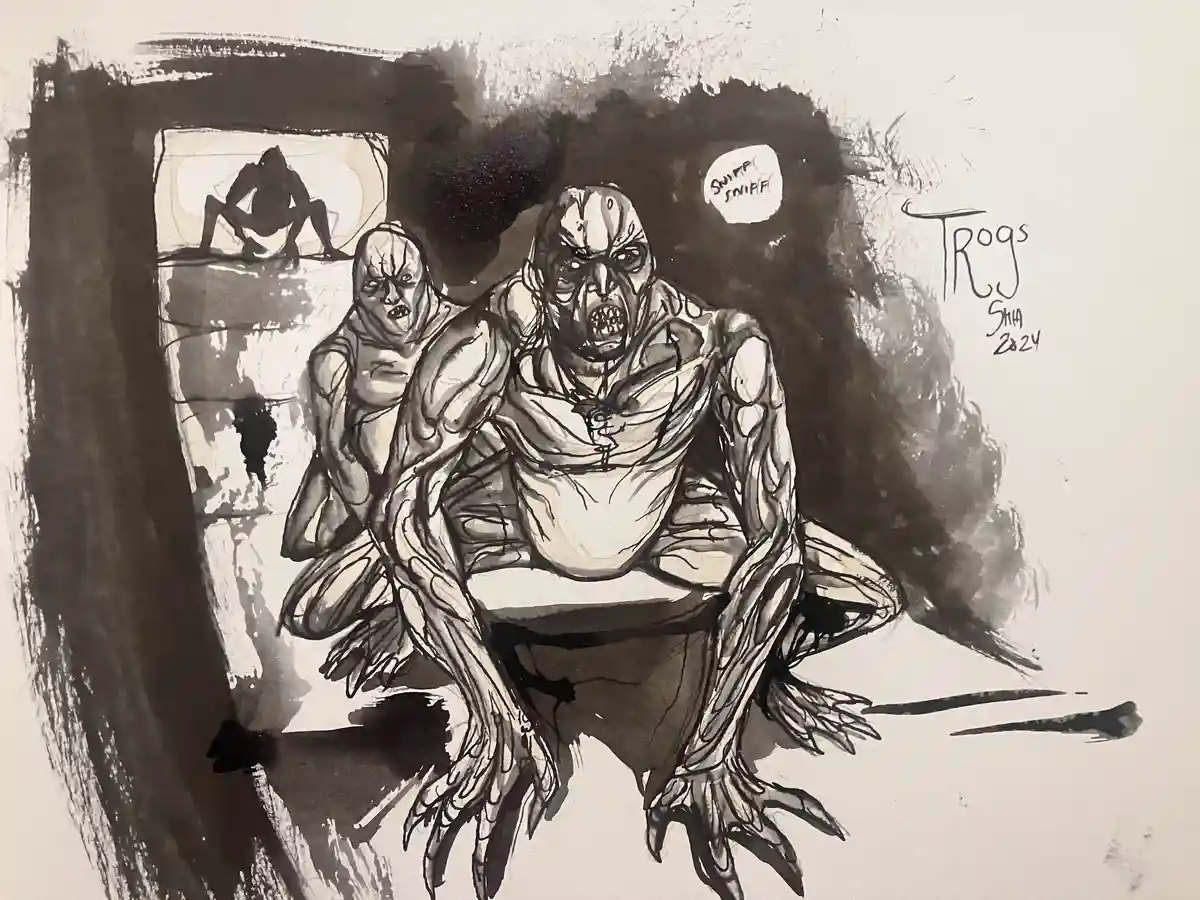 A black-and-white ink drawing depicts two grotesque, muscular humanoid creatures with clawed hands and distorted faces…